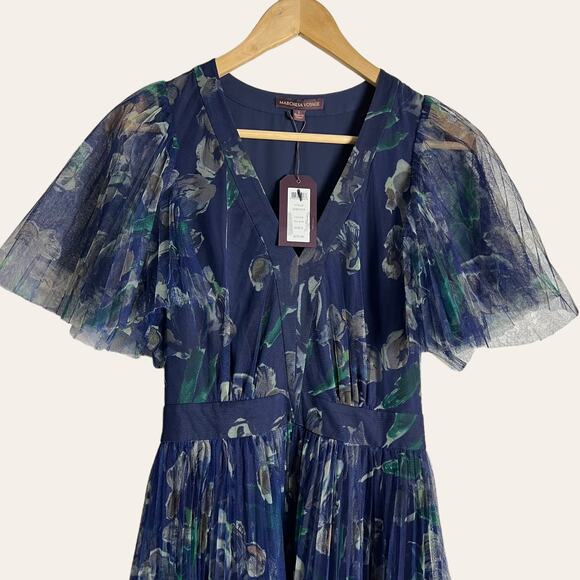 Marchesa Voyage Iris Blue Sheer Pleated Floral Print V-Neck Midi Dress 2 - Picture 12 of 16